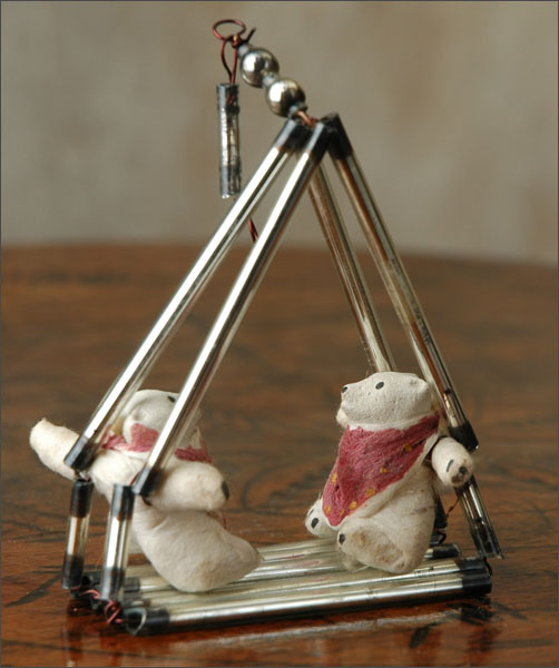Antique Christmas ornament BEAR CUBS on SWING