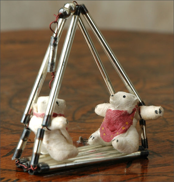 Antique Christmas ornament BEAR CUBS on SWING