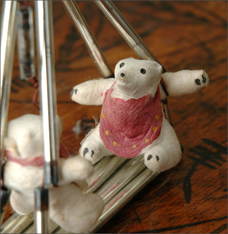 Antique Christmas ornament BEAR CUBS on SWING