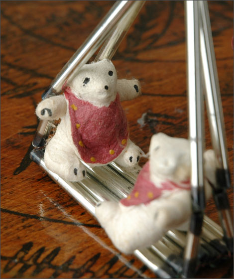 Antique Christmas ornament BEAR CUBS on SWING
