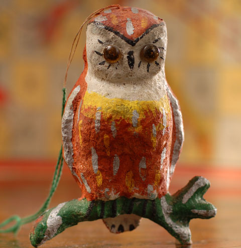 Antique Christmas ornament - paper mashe OWL