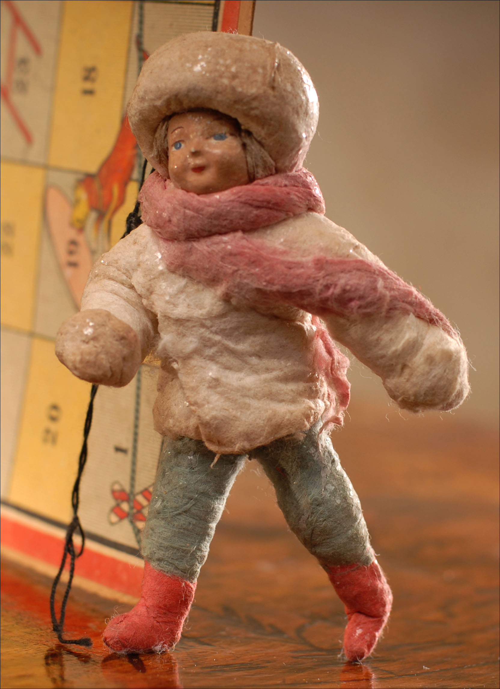 Antique Christmas cotton ornament BOY in WINTER DRESS