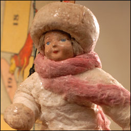 Antique Christmas cotton ornament BOY in WINTER DRESS