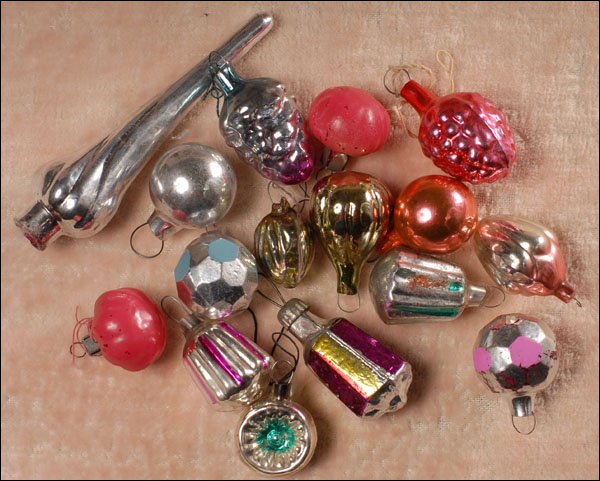 Set of antique miniature Christmas ornaments + topper