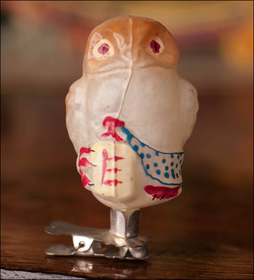 Antique Christmas ornament OWL WITH BOTTLE