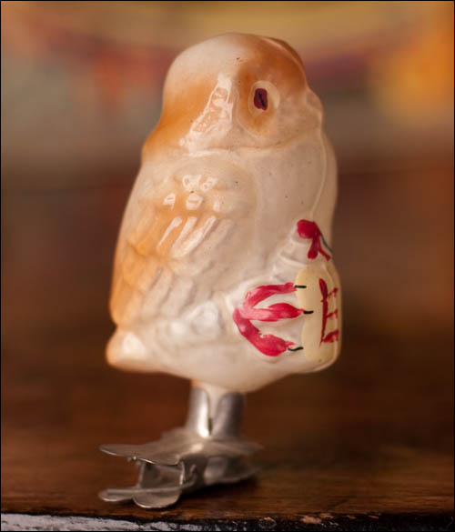 Antique Christmas ornament OWL WITH BOTTLE