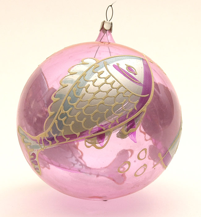 Antique CHRISTMAS glass ornament BALL with hand-painted FISHES