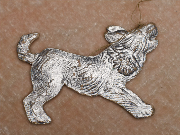 Vintage Dresden Christmas ornament BARKING DOG