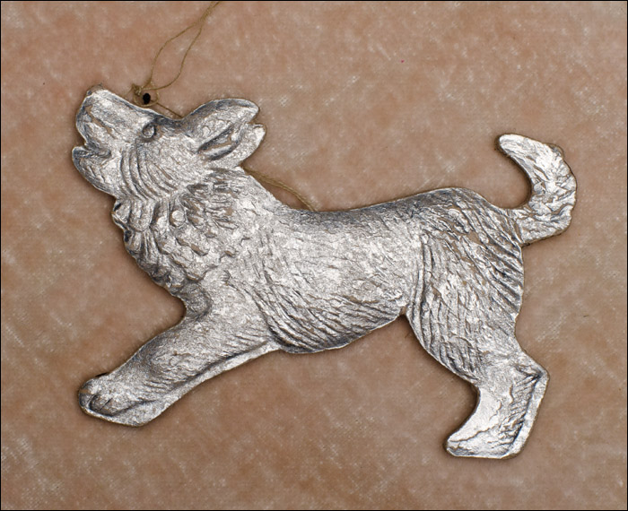 Vintage Dresden Christmas ornament BARKING DOG