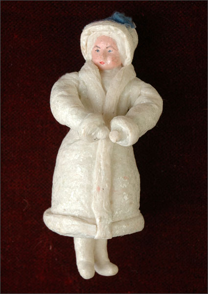 Antique Christmas cotton ornament GIRL in WINTER DRESS