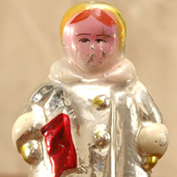 Antique Christmas ornament GIRL WITH RED FLAG