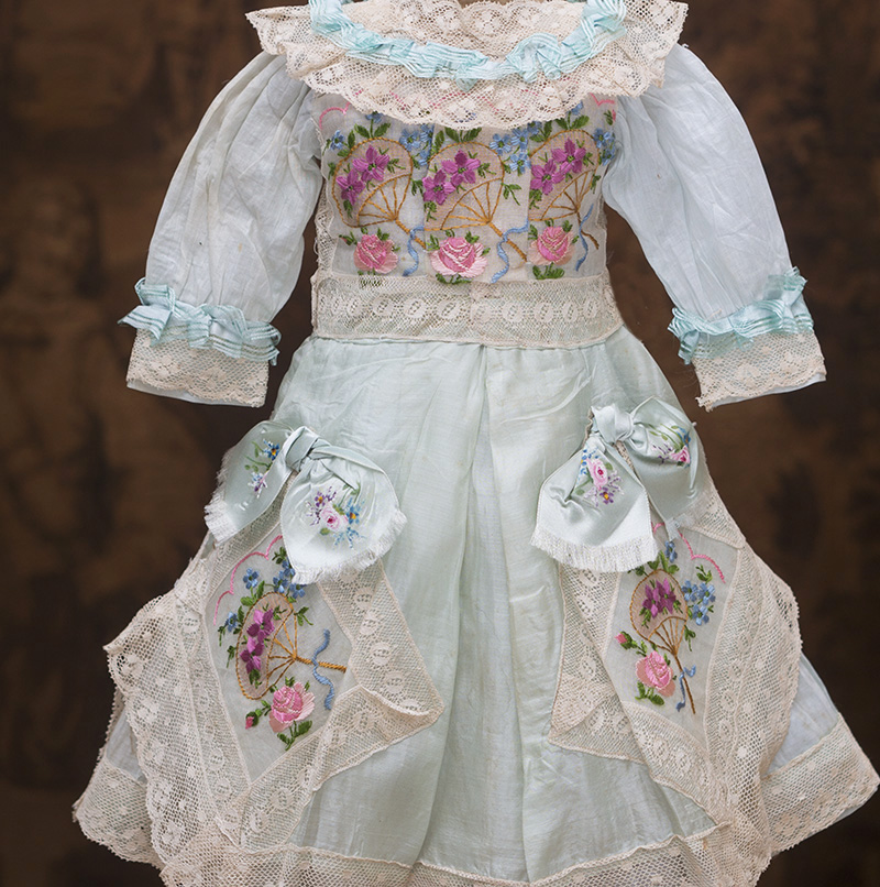 Antique Aqua Silk Dress with embroidery for doll