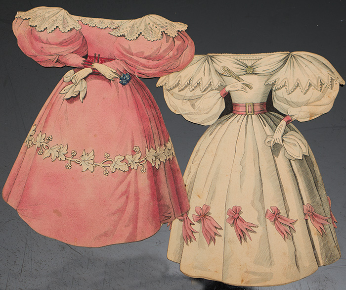 2 paper dresses by Ackermann, c.1830.