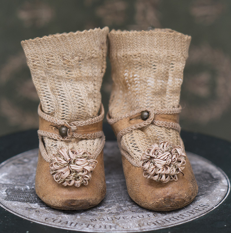 Antique Tan Leather Jumeau  Bebe Shoes  & socks