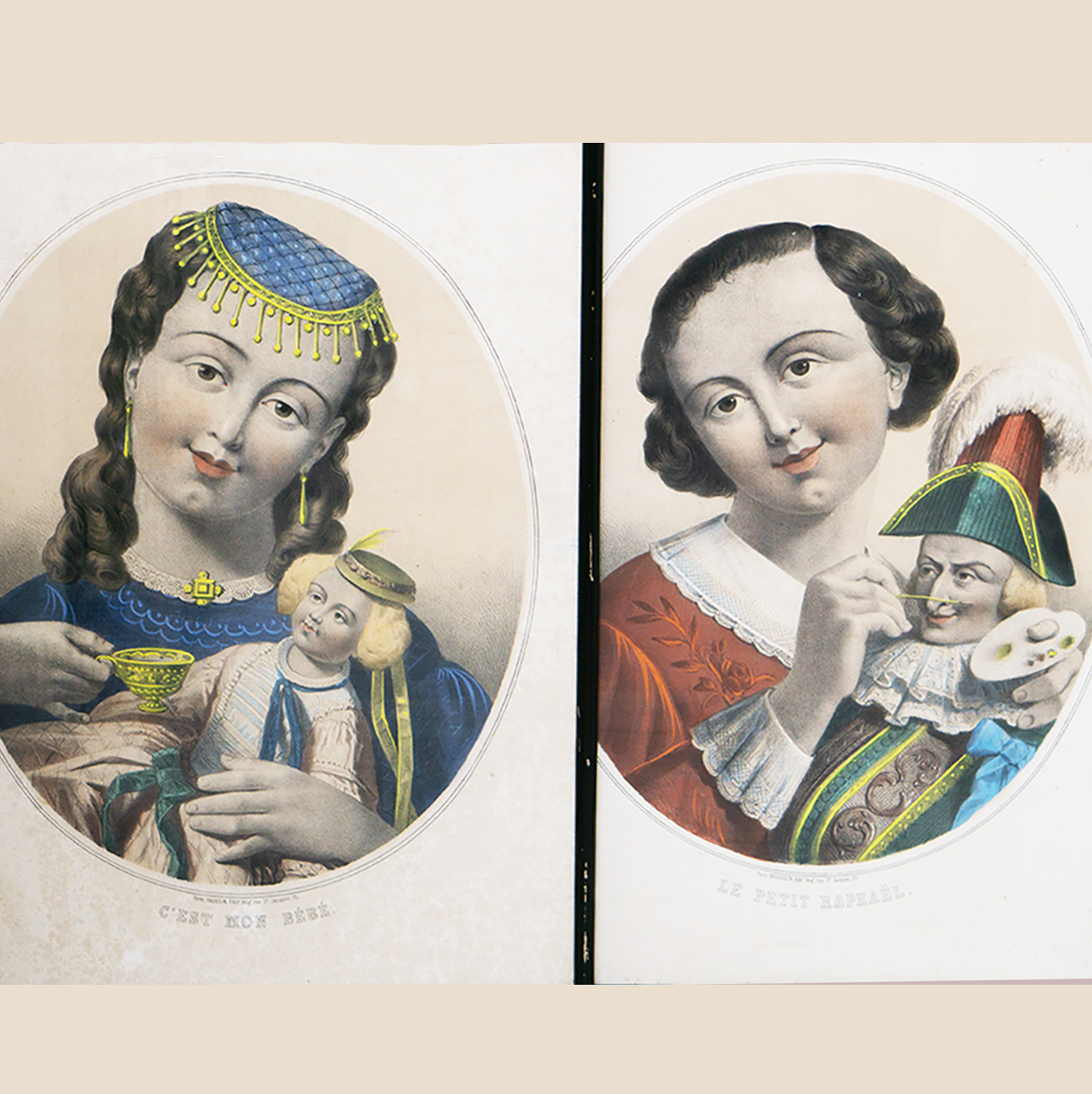  French pair of large hand-colored lithographs